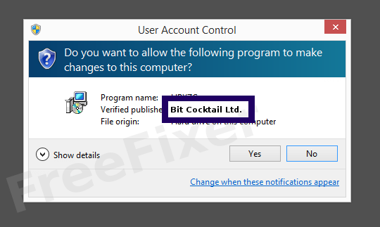 Screenshot where Bit Cocktail Ltd. appears as the verified publisher in the UAC dialog